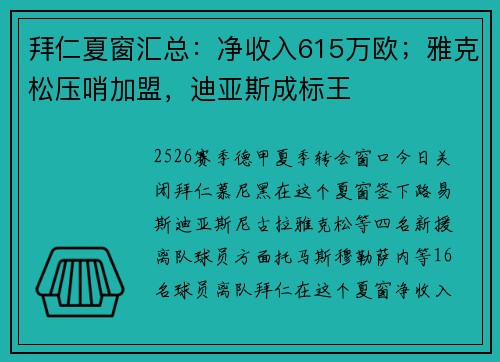拜仁夏窗汇总：净收入615万欧；雅克松压哨加盟，迪亚斯成标王